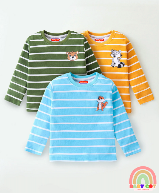 100% Cotton Knit Full Sleeves Striped T-Shirt Koala Print Pack of 3- Blue Yellow & Green