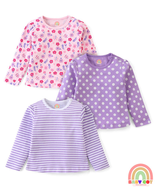 Cotton Knit With Eco- Jiva Finish Full Sleeves T-Shirts with Floral Striped & Polka Dots Print Pack of 3 - Lilac & Pink