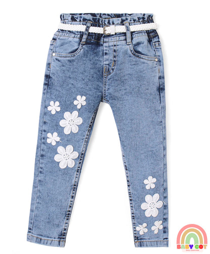 Full Length With Stretch Denim Washed Jeans with Floral Applique - Blue