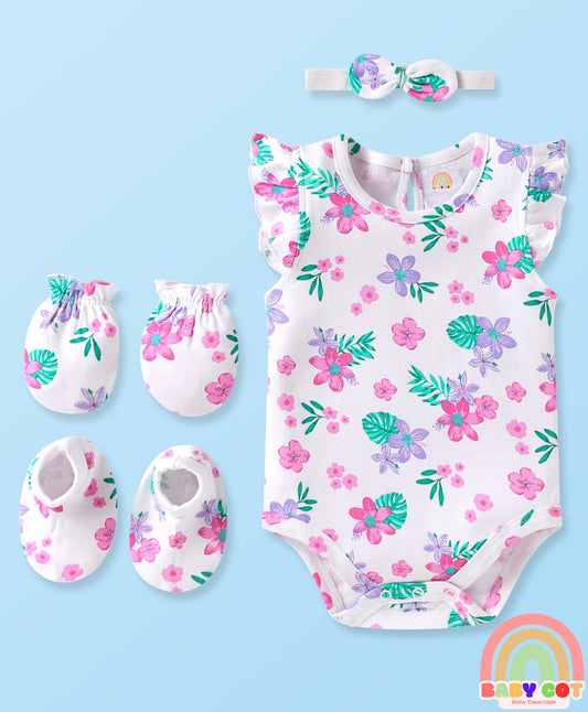 100% Cotton Knit Half Sleeves Floral Printed Onesie with Hairband & Mittens Booties - White