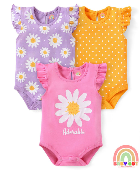 100% Cotton Knit Frill Sleeves Onesies with Floral & Polka Dots Print Pack of 3 - Pink Yellow & Purple