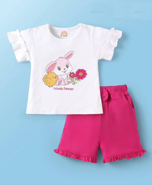 Interlock Knit Half Frill Sleeves T-Shirt & Shorts Set with Bunny Print & Bow Applique - Pink & White