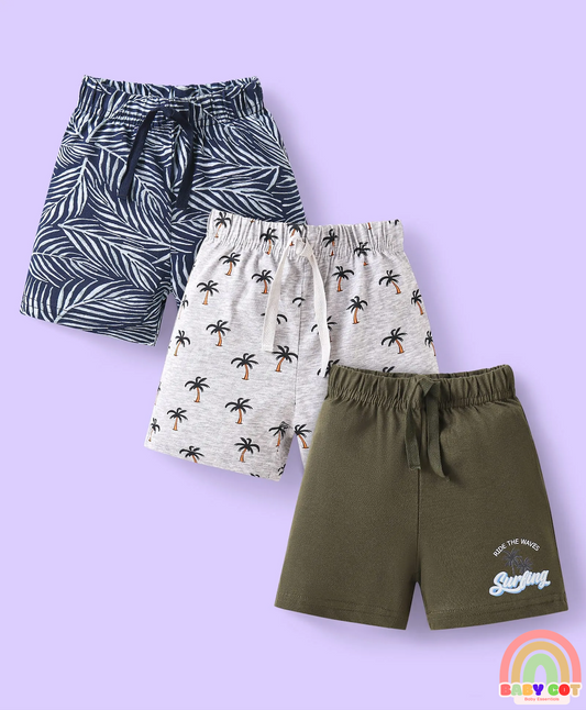 Single Jersey Knit Mid Thigh Shorts with Tropical & Text Print Pack of 3 - Black & Grey