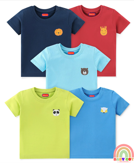 Cotton Knit Half Sleeves Lion Printed T-Shirts Pack of 5 - Multicolour
