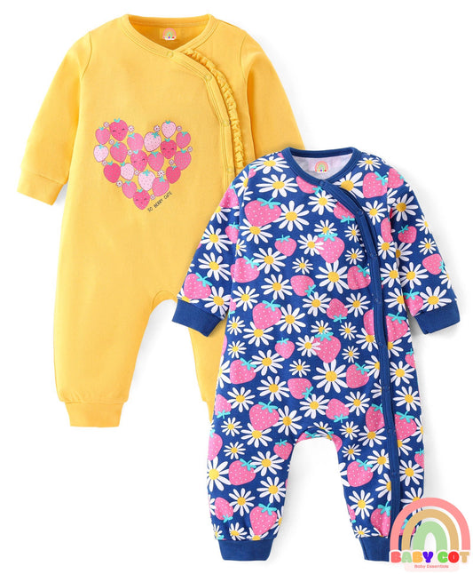 100% Interlock Cotton Knit Full Sleeves Rompers With Strawberries & Floral Print Pack of 2 - Yellow & Blue