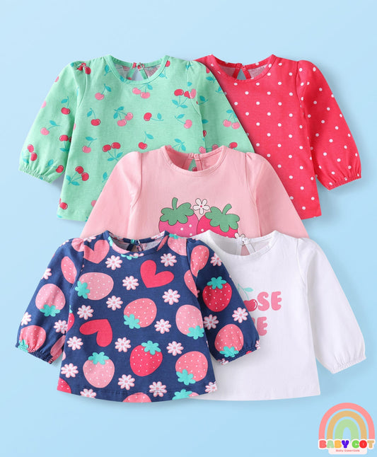 Cotton Knit Full Sleeves T-Shirts With Fruit & Polka Dot Print Pack of 5 - Multi Colour