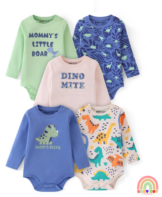 100% Cotton Knit With Eco- Jiva Finish Full Sleeves Onesies with Dino Print Pack of 5 - Blue Green & Pink