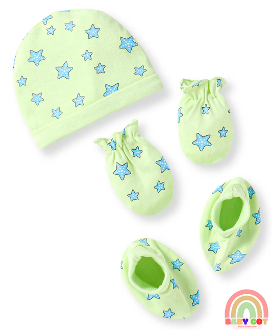 100% Cotton Knit Cap Mittens & Booties With Star Print - Light Green