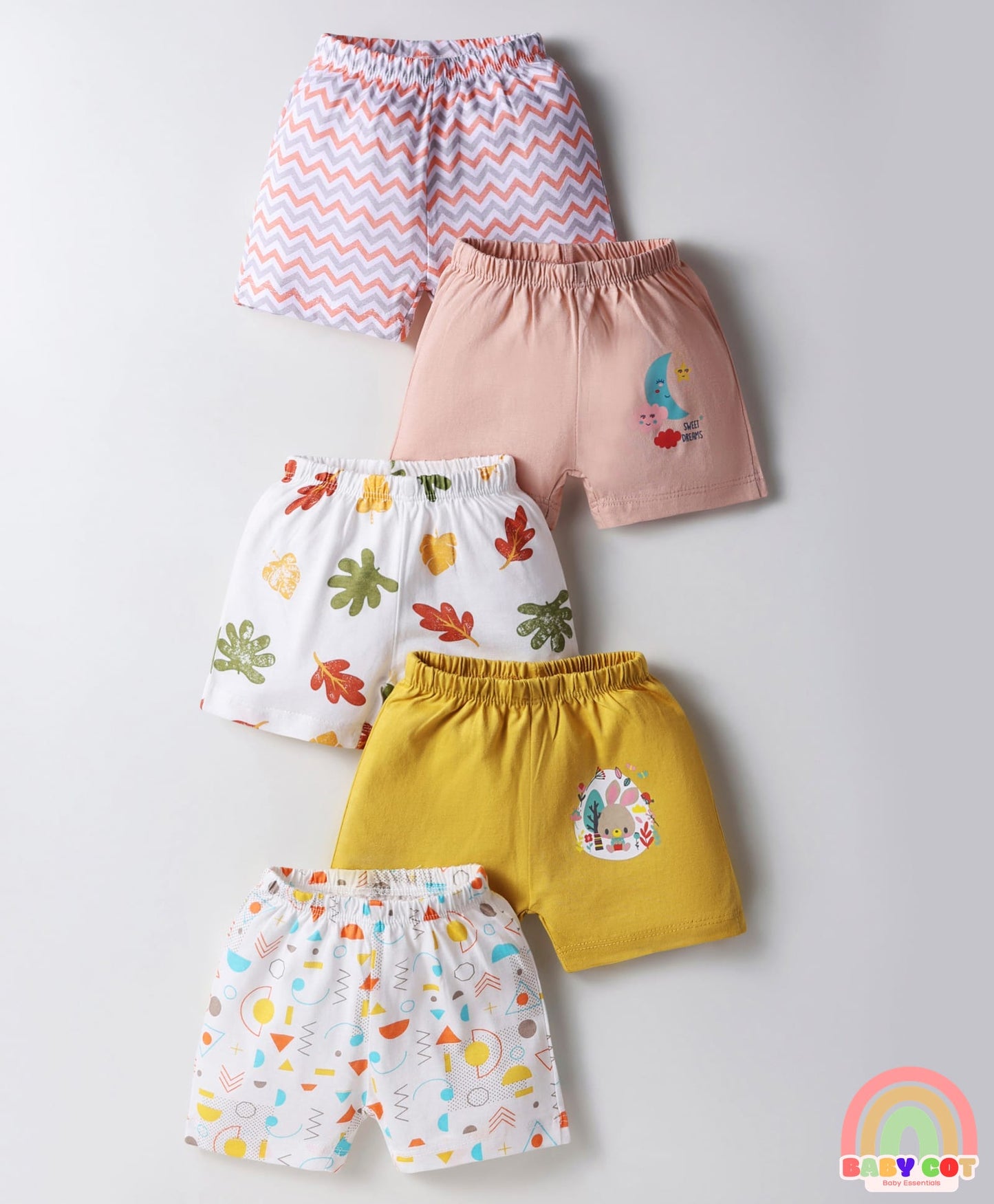 Single Jersey Knit Above Knee Length Shorts With Tropical & Geometric Shape Print Pack Of 5 - Multicolour