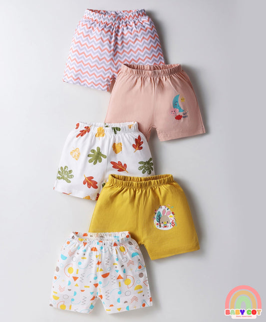 Single Jersey Knit Above Knee Length Shorts With Tropical & Geometric Shape Print Pack Of 5 - Multicolour