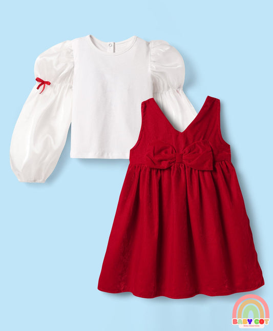 Cotton Knit Frock & Full Balloon Sleeves Inner Tee With Bow Applique - Red & White