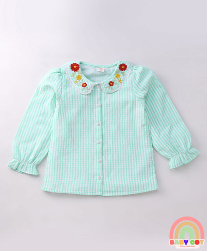 Full Sleeves Floral Embroidered Checks Top With Peter Pan Collar - Light Blue