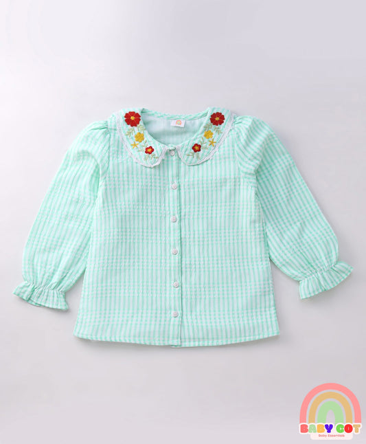 Full Sleeves Floral Embroidered Checks Top With Peter Pan Collar - Light Blue