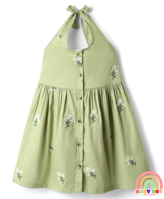 Cotton Woven Sleeveless Halter Neck Frock with Floral Embroidery - Green