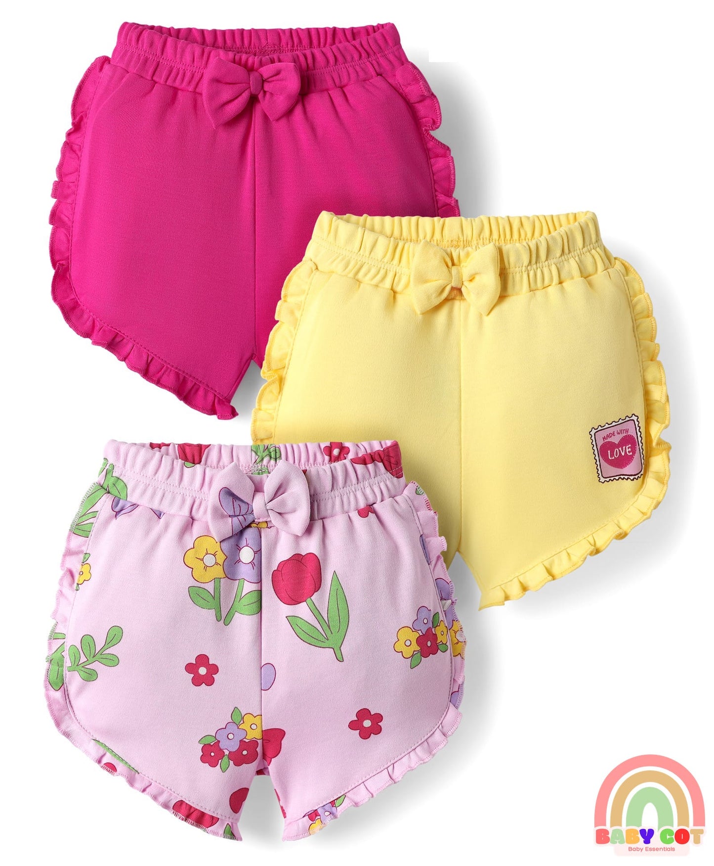 100% Cotton Interlock Knit Shorts with Eco Jiva Finish Floral Print & Bow Applique Pack of 3 - Dark Pink Yellow & Lavender