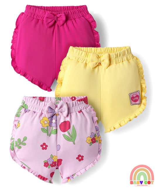 100% Cotton Interlock Knit Shorts with Eco Jiva Finish Floral Print & Bow Applique Pack of 3 - Dark Pink Yellow & Lavender