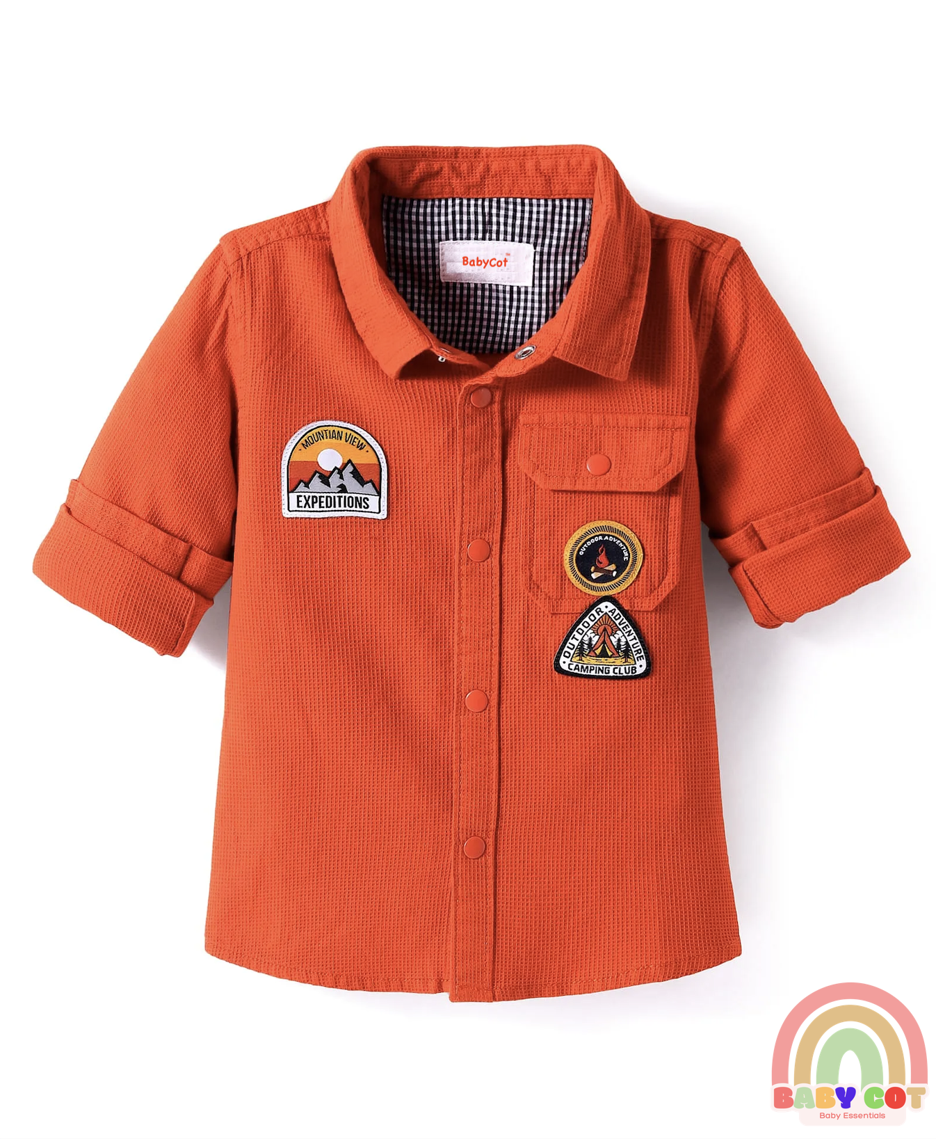 Cotton Woven Full Sleeves Shirt with Text Patch Detailing - Coral