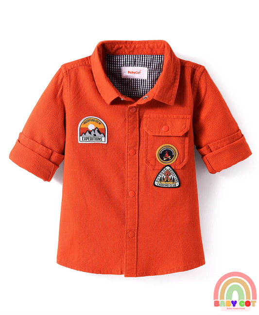 Cotton Woven Full Sleeves Shirt with Text Patch Detailing - Coral