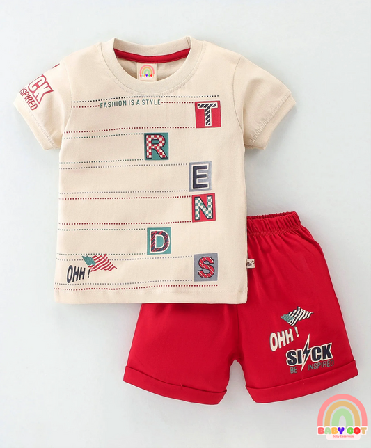 100% Cotton Knit Half Sleeves T-Shirt & Shorts With Text Print - Red & Beige