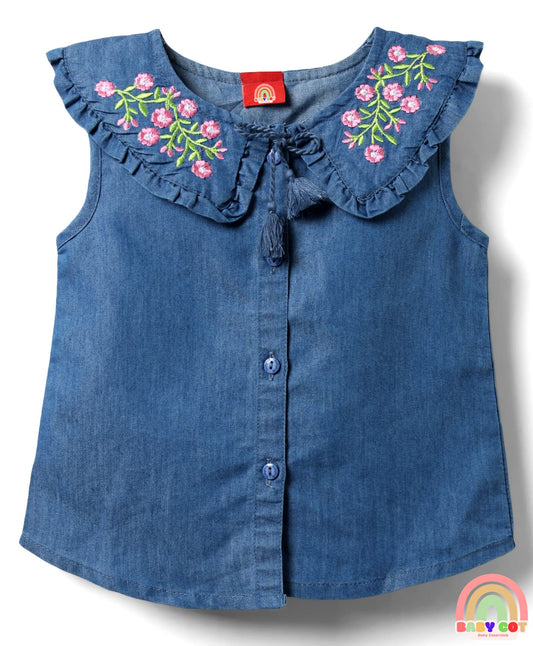 Sleeveless Front Open Peter Pan Collared Denim Top with Floral Embroidery - Navy Blue