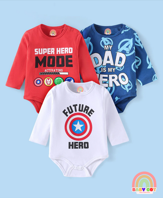 Interlock Knit Full Sleeves Onesies with Avengers Graphics Pack of 3 - Red Blue & White