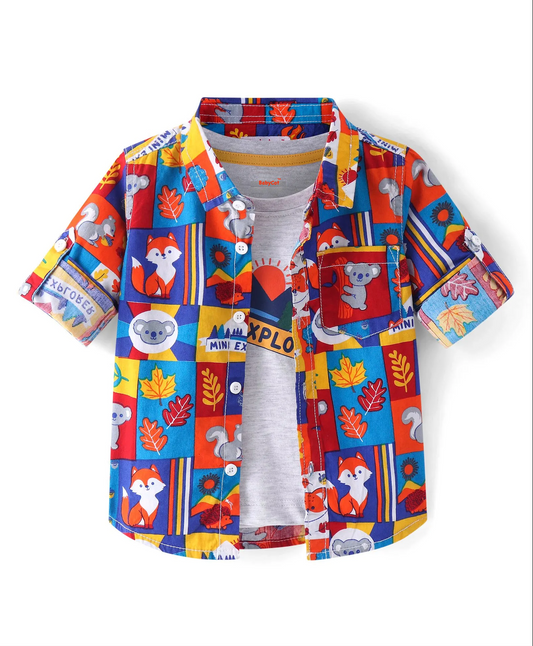 Cotton Woven Full Sleeves Animal Printed Shirt with T-shirt - Red & White