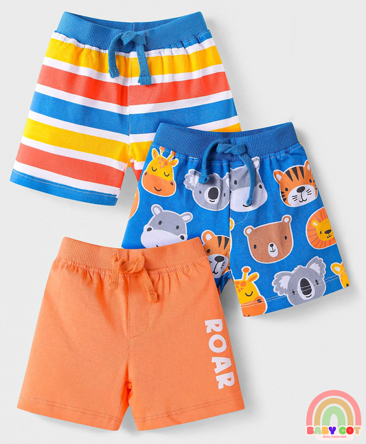 Cotton Knit Mid Thigh Length Shorts with Animal Print & Stripes Pack of 3 - Orange Blue & Yellow