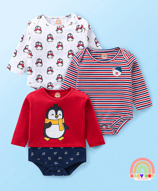 100% Cotton Interlock Knit Full Sleeves Onesies With Stripes & Penguin Print Pack of 3 -Multicolour