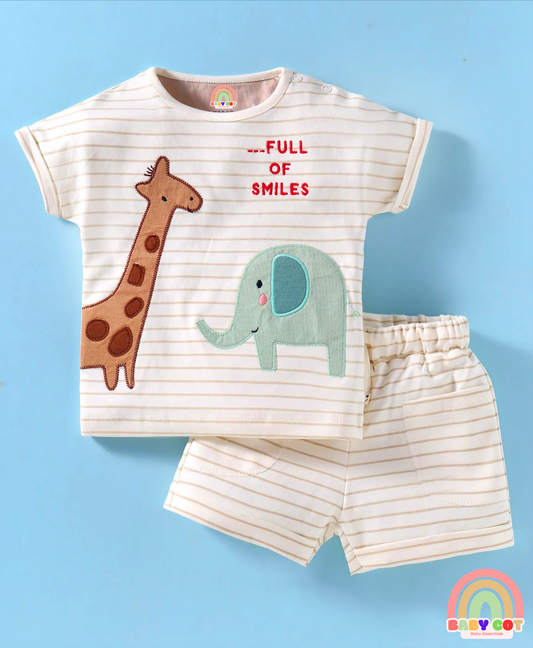 Interlock Knit Half Sleeves Striped T-Shirt & Shorts Set With Animal Print - Cream