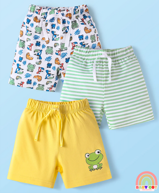 Cotton Knit Mid Thigh Length Shorts with Stripes & Frog Print Pack of 3 - White & Yellow
