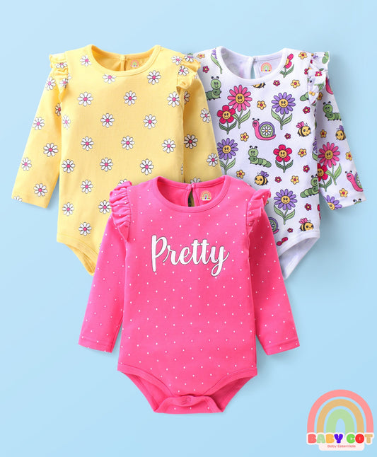 100% Cotton Full Sleeves Onesies with Frill Detailing Floral & Text Print Pack of 3 - Multicolour