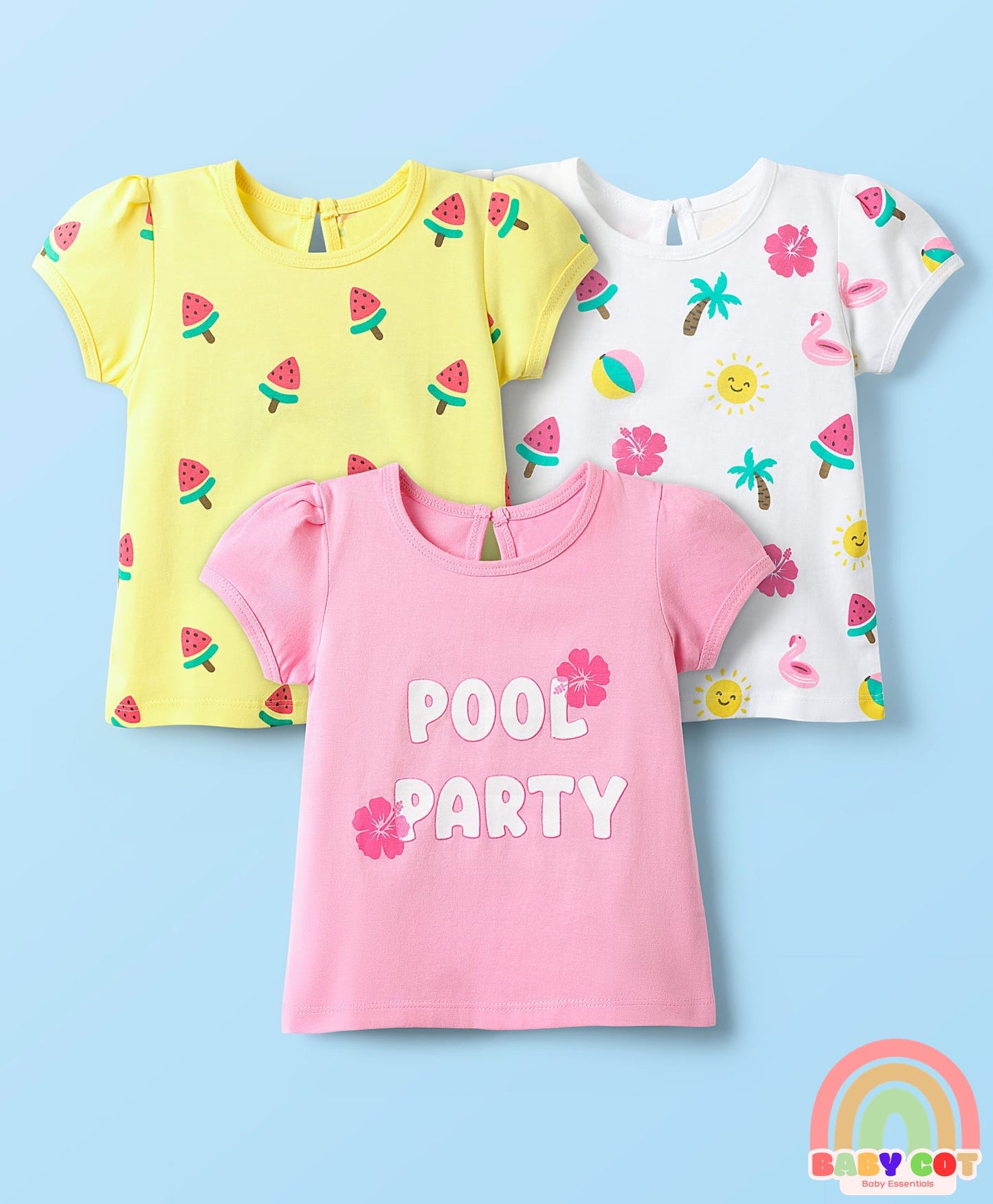 Cotton Knit Half Sleeves T-Shirts With Tropical Print Pack Of 3 -Yellow & Pink