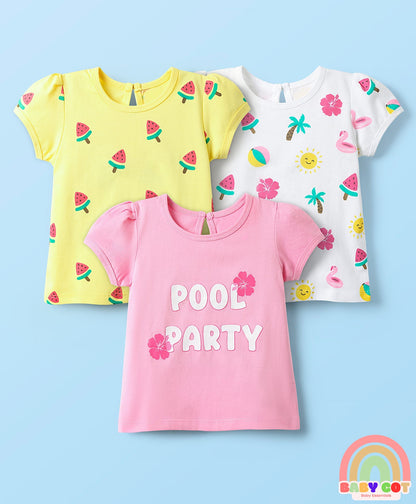 Cotton Knit Half Sleeves T-Shirts With Tropical Print Pack Of 3 -Yellow & Pink