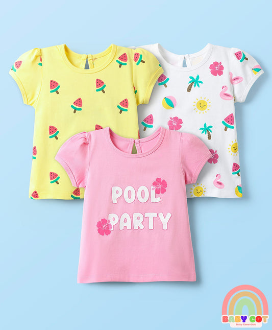 Cotton Knit Half Sleeves T-Shirts With Tropical Print Pack Of 3 -Yellow & Pink