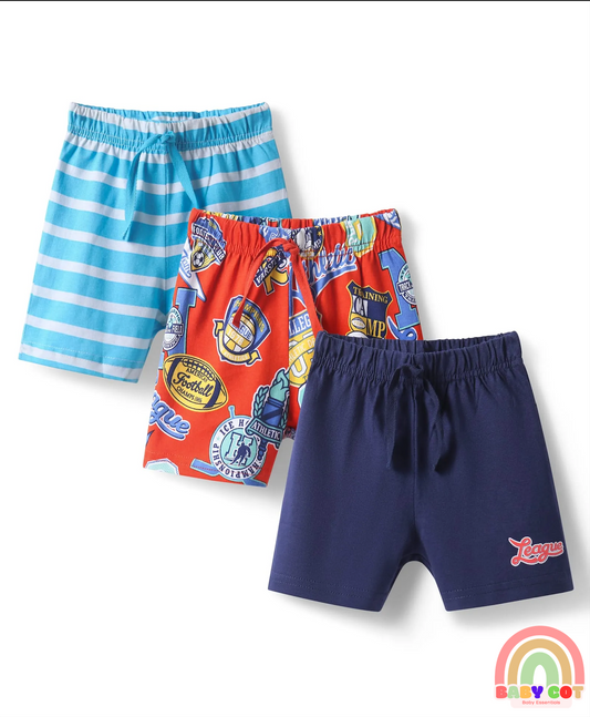 Single Jersey Knit Mid Thigh Shorts With Text Print Pack of 3 - Red Light & Navy Blue