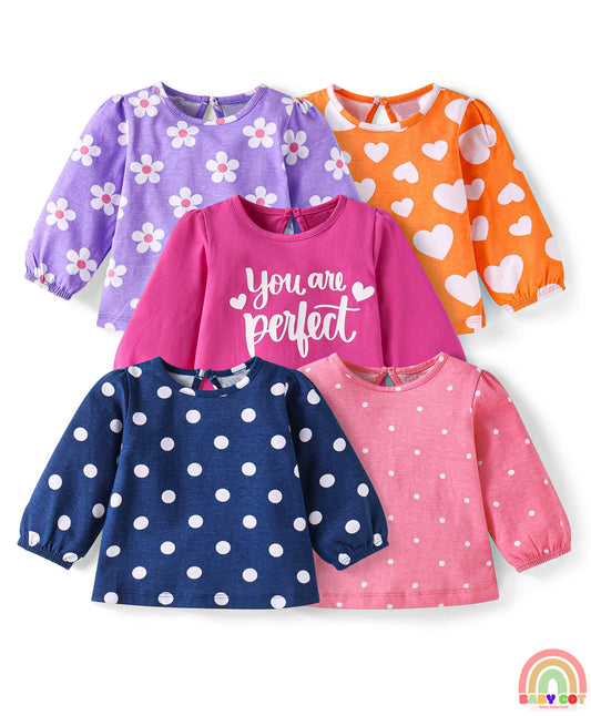 Cotton Knit Full Sleeves T-Shirts with Floral Hearts & Text Print Pack of 5 - Multicolor