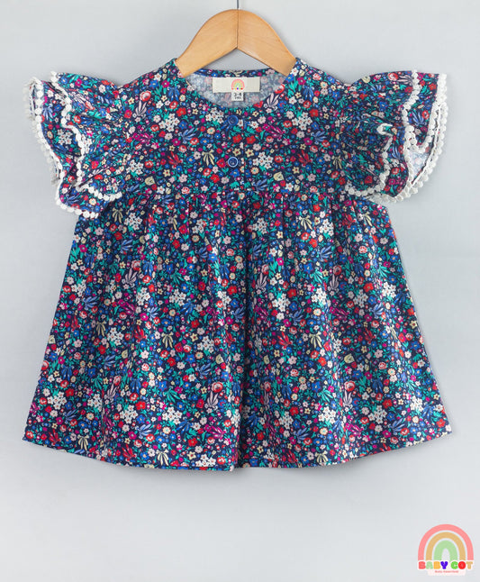 Cotton Woven Frill Sleeves Floral Printed Top - Navy Blue