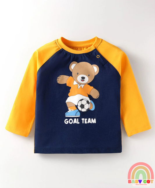 Cotton Knit Full Raglan Sleeves T-Shirt With Teddy Bear Print - Navy Blue