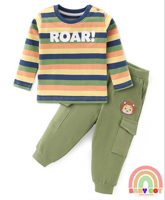 100% Cotton Knit Full Sleeves T-Shirt & Lounge Pants With Text Print & Striped - Blue & Green