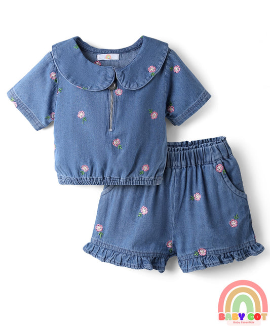 100% Cotton Half Sleeves Peter Pan Collar Top & Shorts Set with Floral Embroidery - Blue
