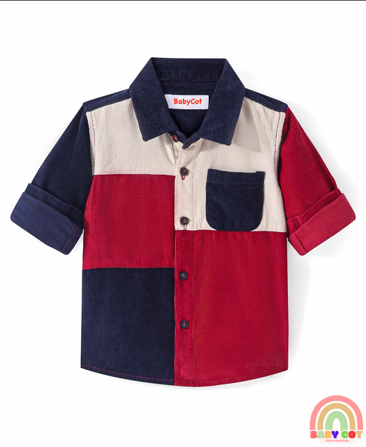 Cotton Woven Full Sleeves Corduroy Shirt With Cut & Sew Design - Dark Red