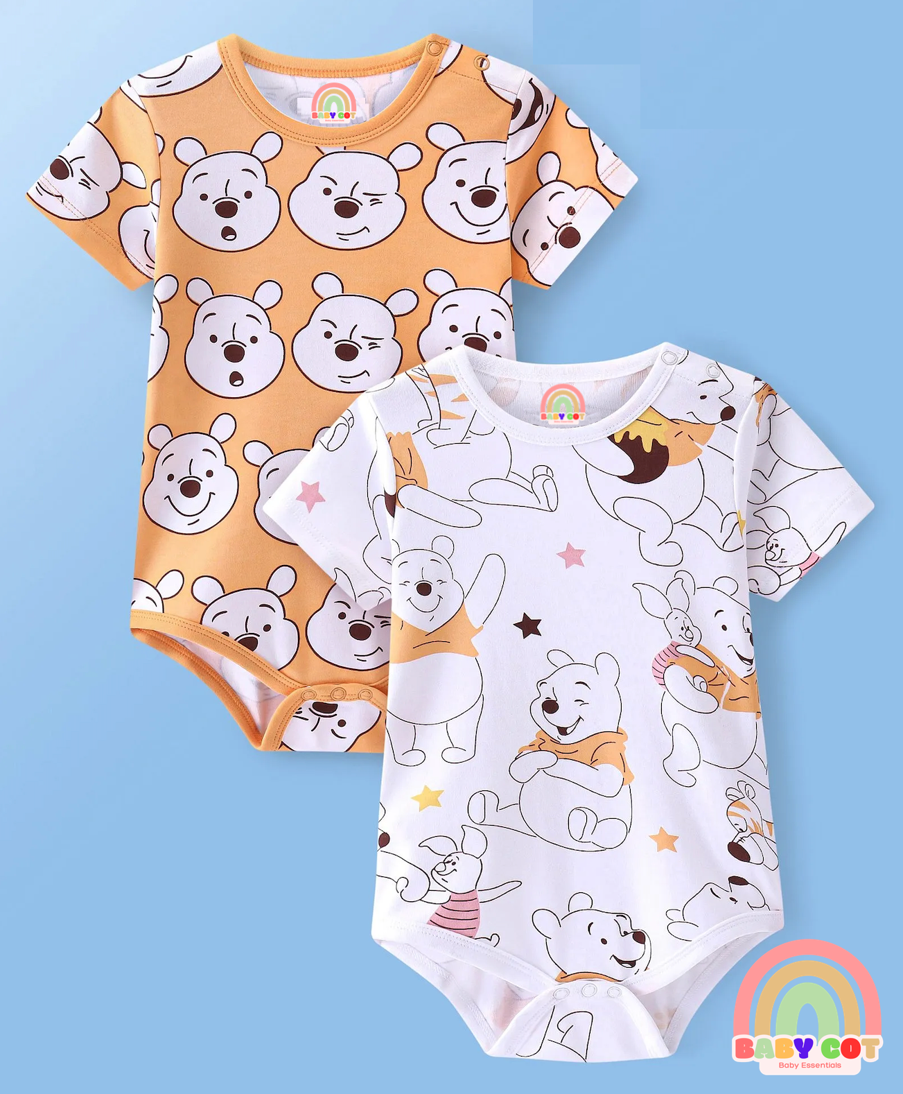 Interlock Knit Half Sleeves Onesies With Winnie The Pooh Print Pack of 2 - Orange & White