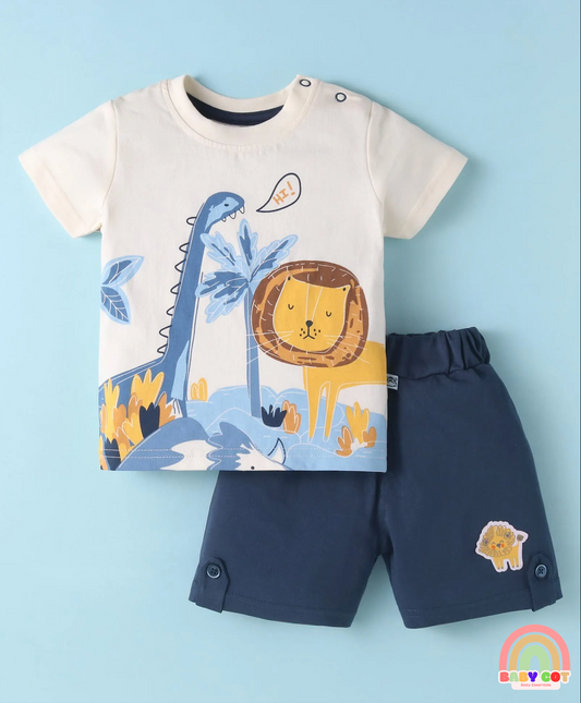 Sinker Knit Half Sleeves T-Shirt & Shorts Set with Jungle Theme Print - Navy Blue