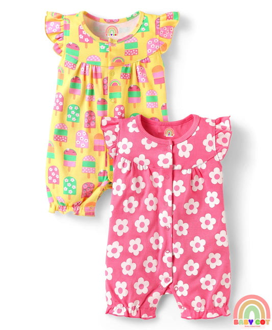 Interlock Knit Frill Sleeves Romper With Floral & Tropical Print Pack of 2 - Pink & Yellow