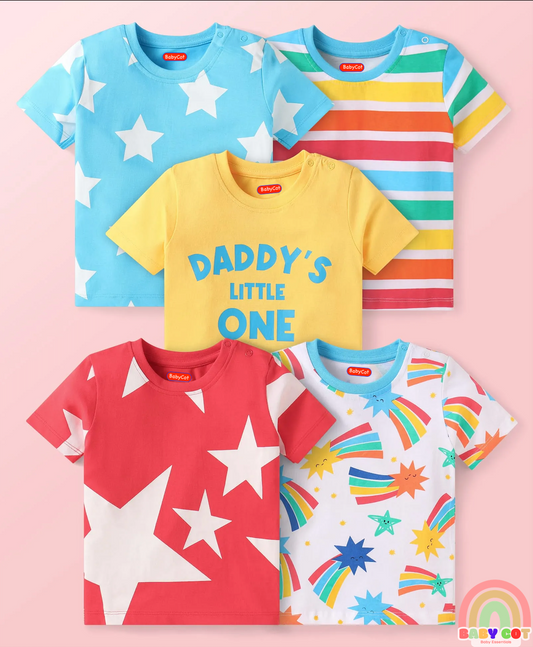 Cotton Knit Half Sleeves T-Shirts with Stripes & Star Print Pack of 5 - Blue Red & Yellow