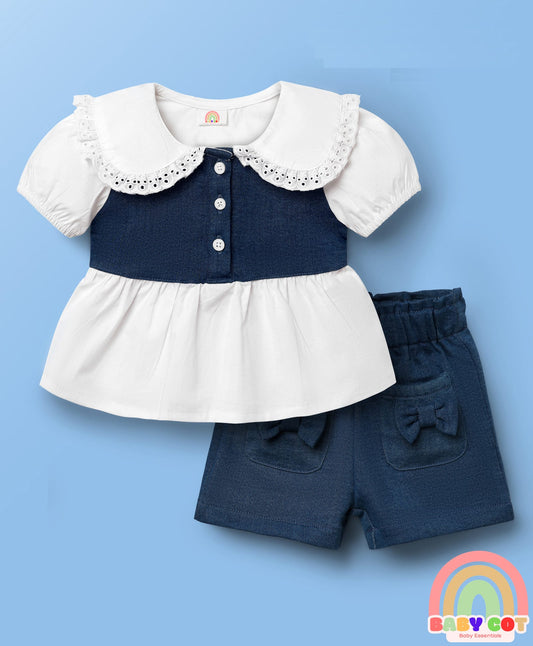 Cotton Elastane Knit Half Sleeves Top & Shorts Set With Schiffli Detailing & Bow Applique - White & Navy Blue