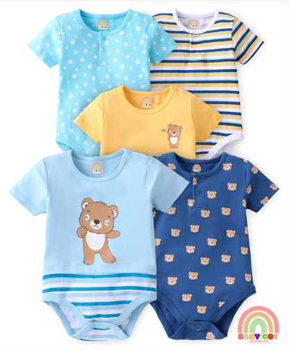 100% Cotton Knit Half Sleeves Onesies Stripes & Bear Print Pack Of 5 - Blue Yellow & White