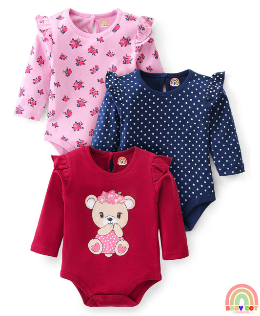 100% Cotton Interlock Full Sleeves Onesies with Frill Detailing Floral & Polka Dots Print Pack of 3 - Multicolour