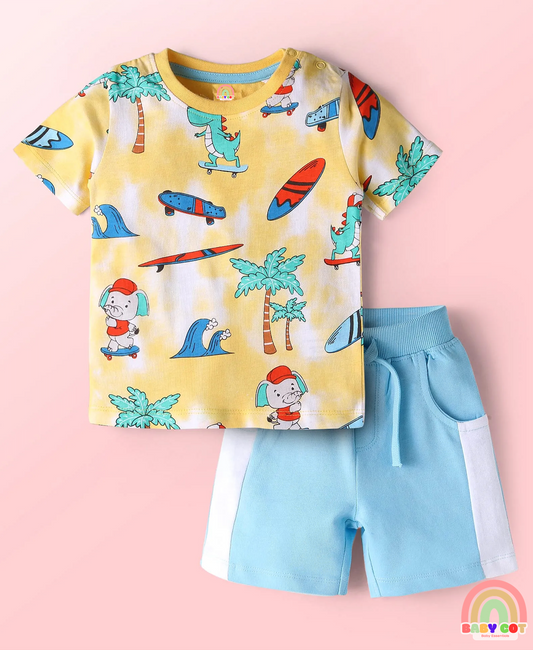 Single Jersey Knit Half Sleeves T-Shirt & Shorts Set With Beach Theme Print - Yellow & Blue