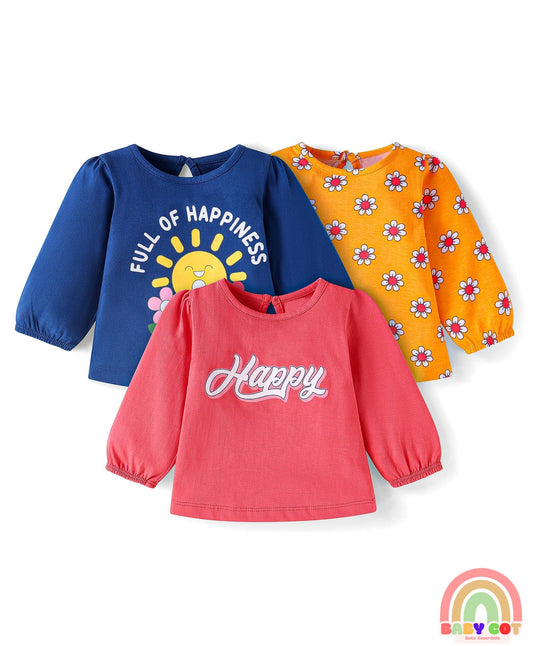 Cotton Knit Full Sleeves T-Shirts with Floral & Text Print Pack of 3 - Red Navy Blue & Orange